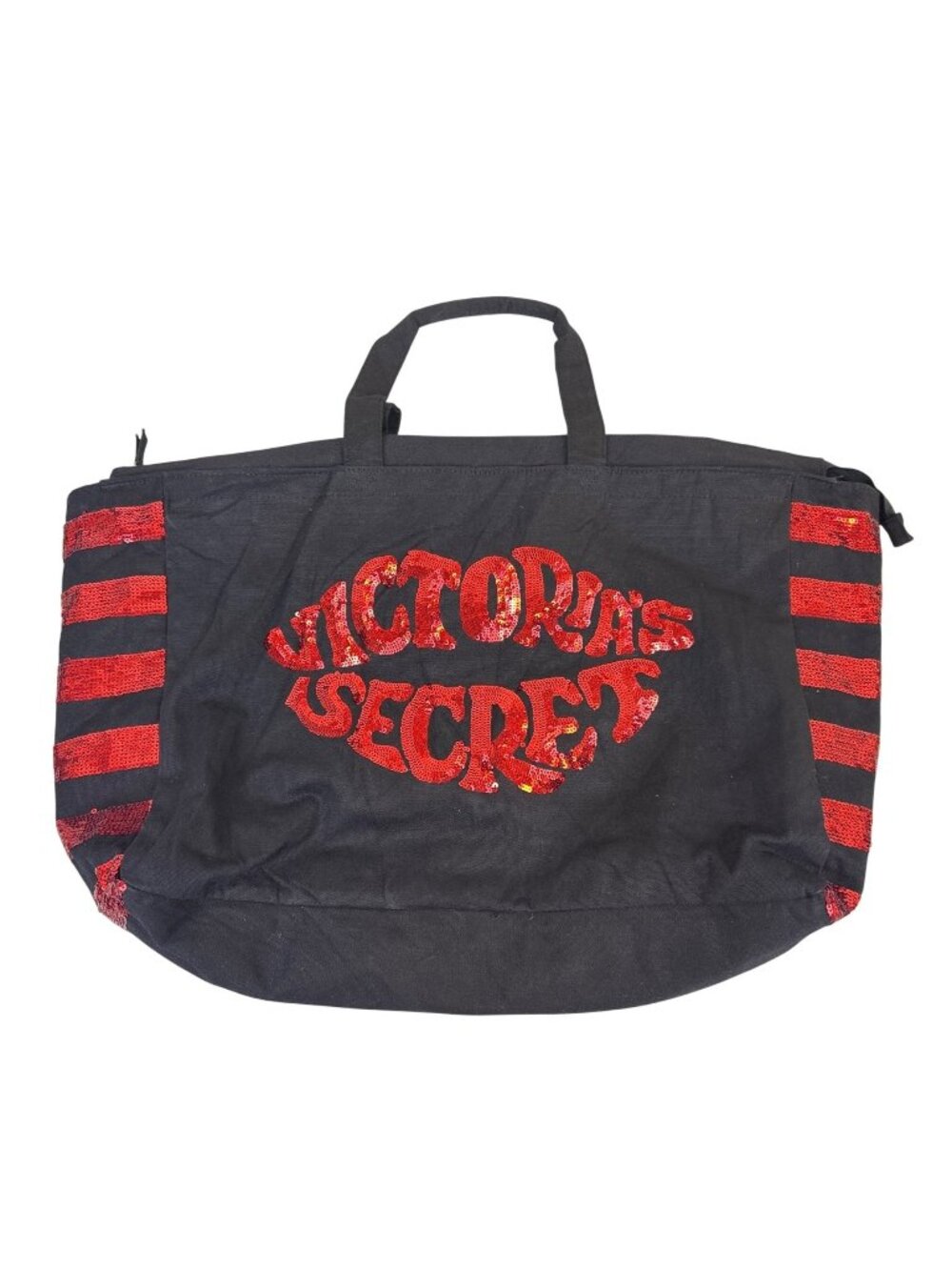 Victoria's Secret Weekender Tote Black Canvas Red Sequin Lips Kiss Travel Bag